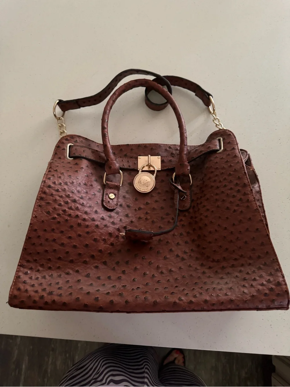 Michael Kors Brown Textured Ostrich-Style Satchel with Gold Hardware